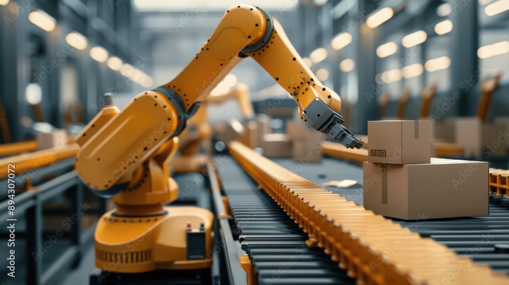 Poster robot packaging products on an assembly line, showcasing the efficiency and reliability of robotic p