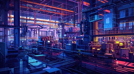 Fototapeta premium A vibrant digital painting of a modern factory industry, capturing the essence of manufacturing and production. The illustration includes rows of automated assembly lines, intricate mechanical