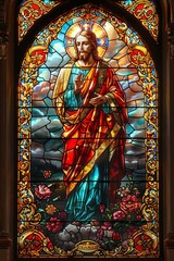 Obraz premium stained glass painting. religious theme. Jesus. Orthodox and Catholic religionand God, Heaven and Second Coming concept.Vertical frame.