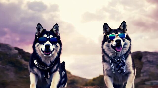 Two huskies wearing sunglasses outdoors