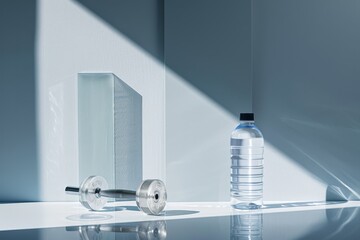 Transparent glass dumbbell and water bottle on a light-blue surface. Serene and refreshing. Healthy lifestyle and fitness in a minimalist composition.