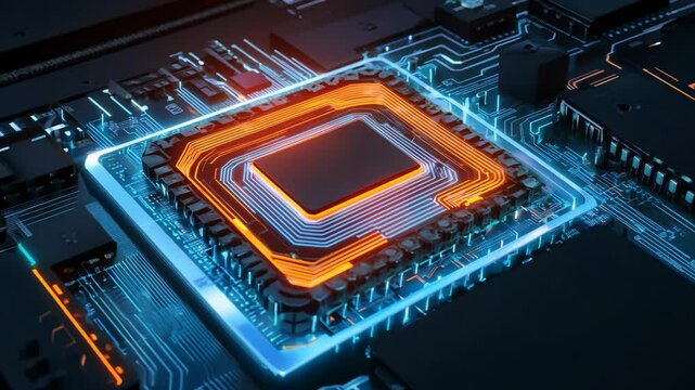 Futuristic microchip with glowing circuits on a motherboard