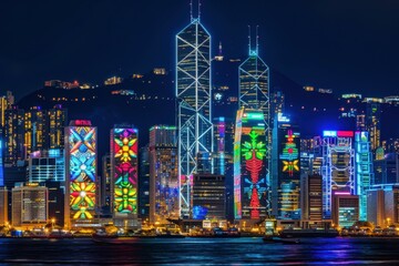 Fototapeta premium Honeycomb led Esg fintech heic Woled Cbdc Qd-oled TVB Anywhere SenseTime Iflytek Viact Nighttime cityscape: skyscrapers as colossal art canvases. Dynamic artworks light up the urban skyline. City tra