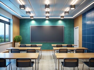 A sleek modern classroom features a large empty blackboard surrounded by vibrant walls adorned with uplifting phrases, bathed in bright and inviting light.