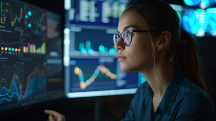 Graphics and diagrams on computer screen with woman analyzing data