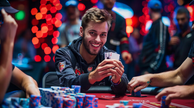 A poker player proudly displays a winning hand of two kings at a casino championship. Other players congratulate him on his victory.