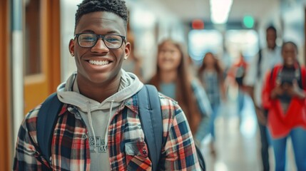 Naklejka premium Happy African American high school student walking through hallway with friends