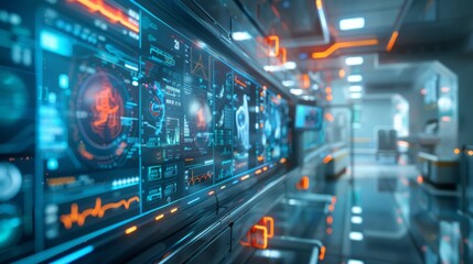 Fototapeta premium Health and medical science on virtual interface with innovation and digital technology in a futuristic hospital background, featuring advanced healthcare concepts and future-forward medical technology