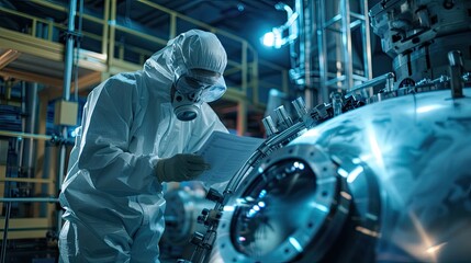 Scientists working on a nuclear fusion reactor are dressed in protective gear.