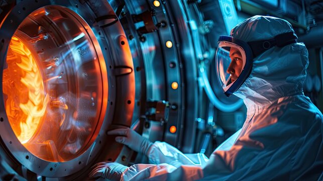 Scientists working on a nuclear fusion reactor are dressed in protective gear.