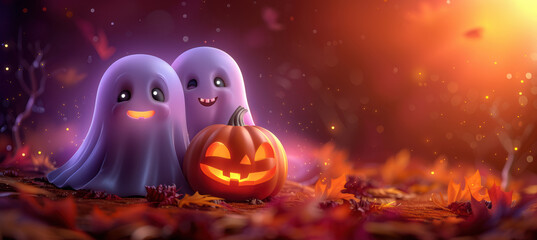 Fototapeta premium Minimalistic Halloween Banner with Smiling Ghosts
