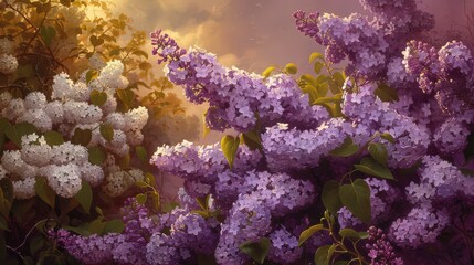 Lilacs, cascading clusters of purple and white blossoms, releasing a heady fragrance that signals the arrival of springtime nostalgia