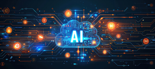 Fototapeta premium Digital AI Concept with Blue and Silver Circuits