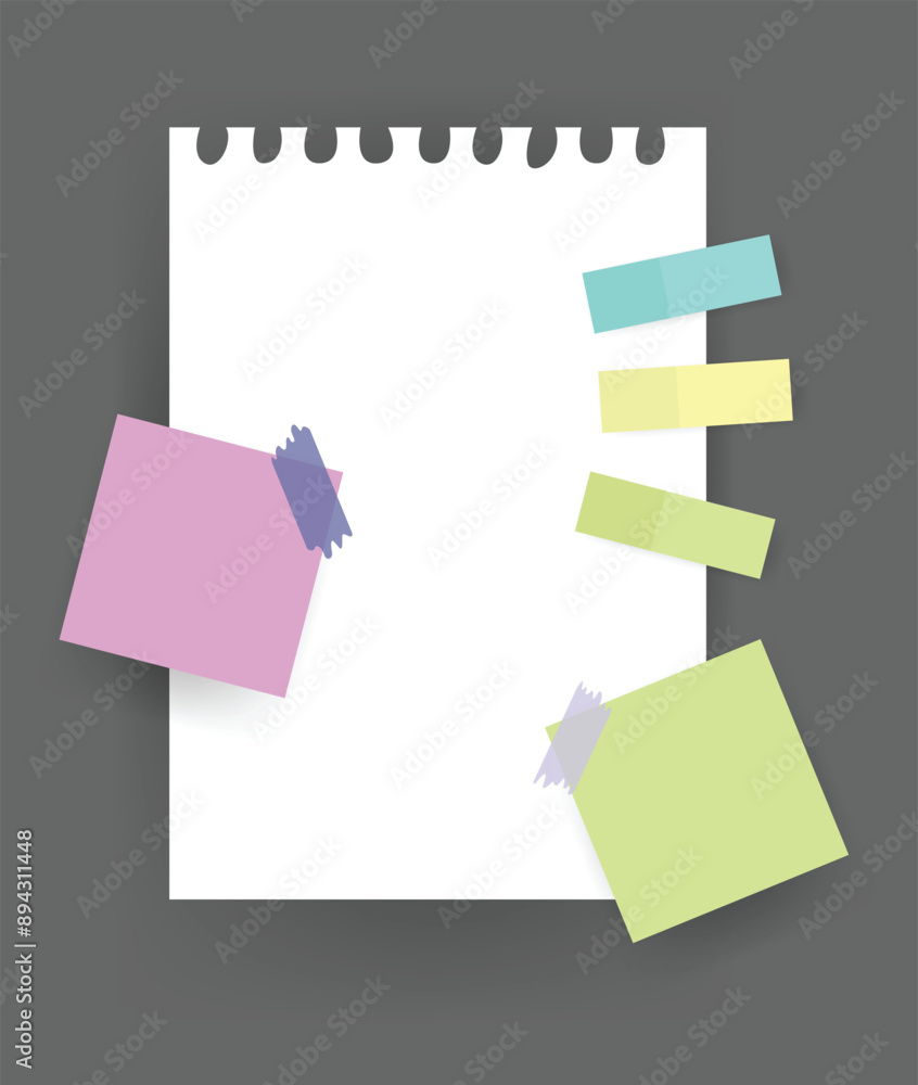 Poster paper notes stickers. place for memo messages on paper sheets. attached with sticky colorful tape on