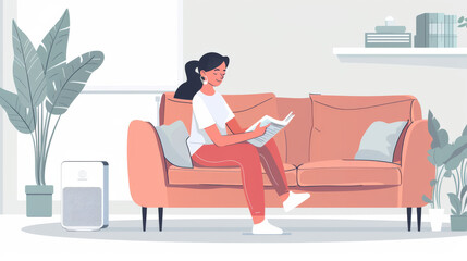 Obraz premium A woman on a sofa in a living room is reading a book. An air purifier is nearby.