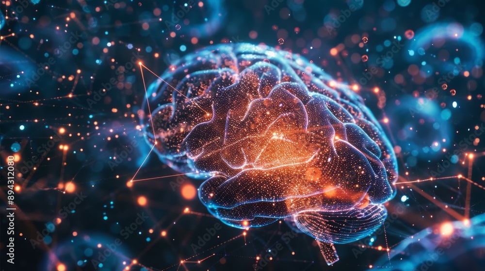 Poster detailed illustration of human brain synapse scan with abstract science background, showcasing techn