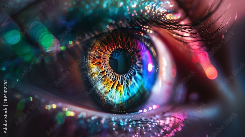 Poster multicolored iris of the eye animation concept with rainbow lines scattering from a bright binary ci