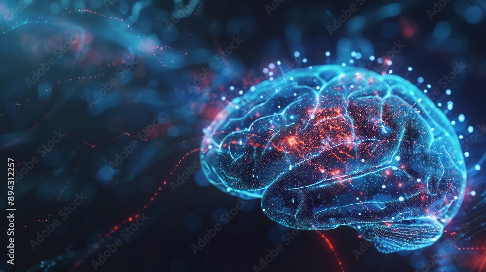 Poster detailed illustration of human brain synapse scan with abstract science background, showcasing techn