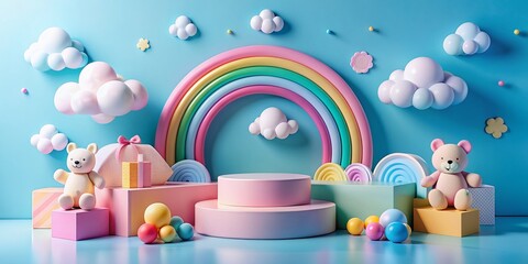 Colorful pink podium display showcases baby kid products against a vibrant blue background adorned with rainbow, fluffy clouds, and toys, evoking a sense of wonder and excitement.