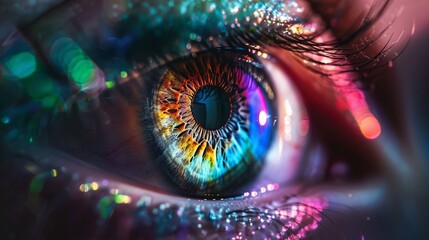Naklejka premium Multicolored iris of the eye animation concept with rainbow lines scattering from a bright binary circle, forming a volumetric human eye illustration