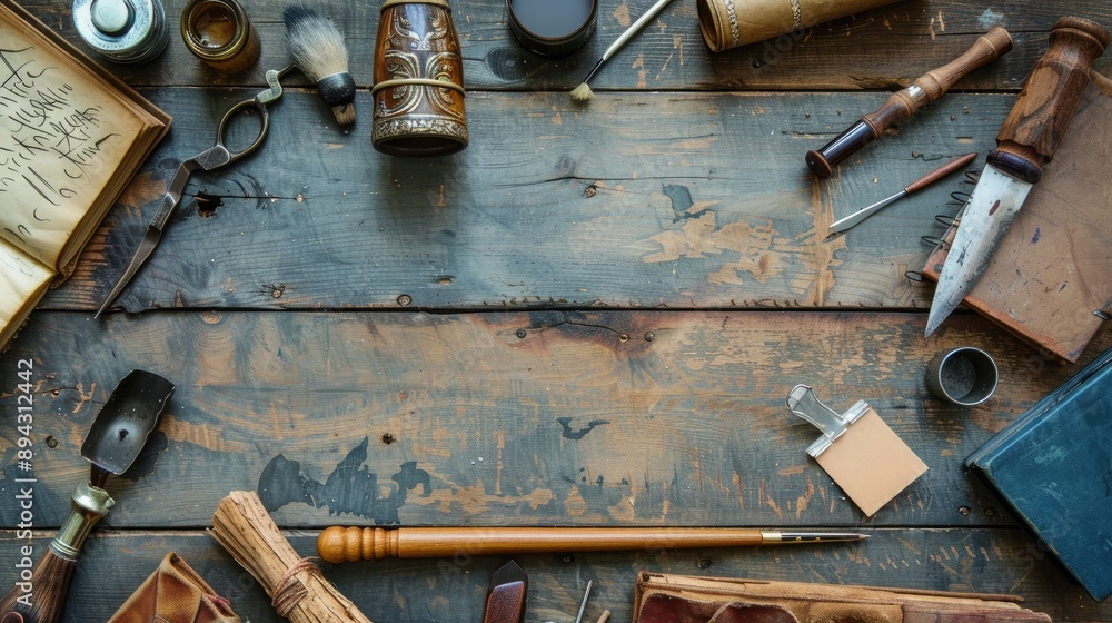 Sticker Calligraphy tools and materials on wooden table top view