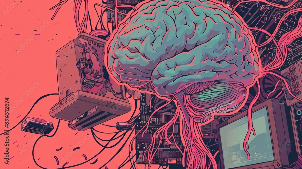 Poster detailed illustration of human brain connected to computer network, depicting advanced artificial in