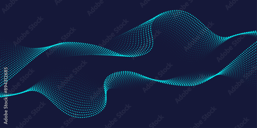 Aufkleber Abstract futuristic background with flowing dot particles wave pattern in blue green gradient colors. Vector illustration for modern music, technology, science banner