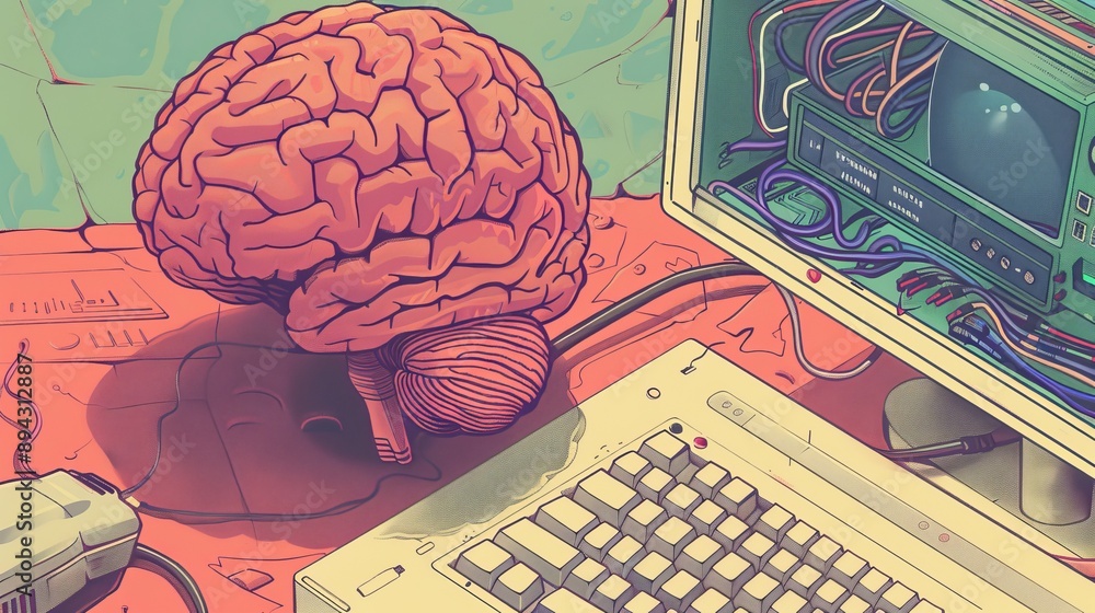 Poster detailed illustration of human brain connected to computer network, depicting advanced artificial in