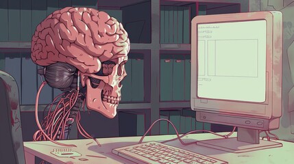 Detailed illustration of human brain connected to computer network, depicting advanced artificial intelligence and neural interfaces in science and technology concepts