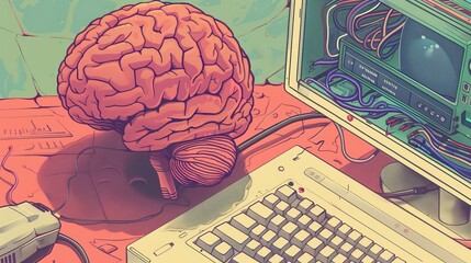 Detailed illustration of human brain connected to computer network, depicting advanced artificial intelligence and neural interfaces in science and technology concepts