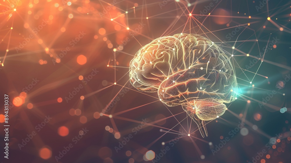 Poster intricate human brain illustration with complex wiring and glowing links, depicting advanced neural 