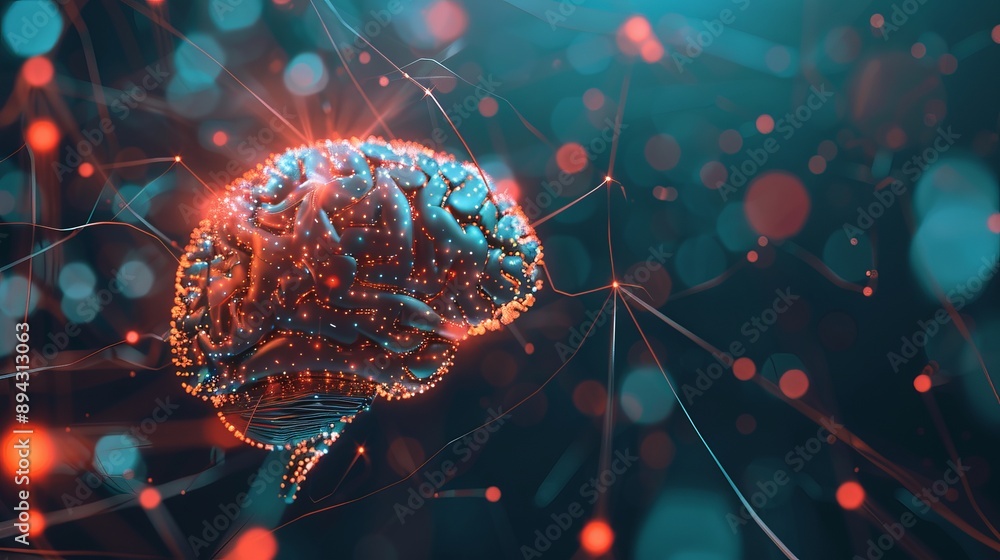 Poster intricate human brain illustration with complex wiring and glowing links, depicting advanced neural 