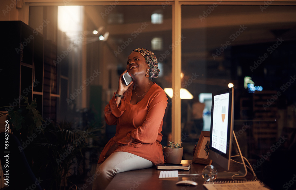Poster phone call, communication and woman in office at night for finance client project deadline. networki