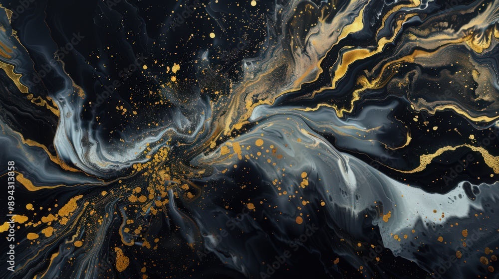 Poster metallic accents gleam against a dark backdrop, adding depth and sophistication to the abstract art