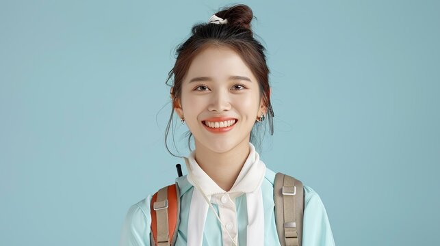 Realistic hyper-detailed portrait of a cheerful young Asian woman tour guide smiling, capturing her enthusiasm and commitment to offering memorable and educational experiences. Background images that