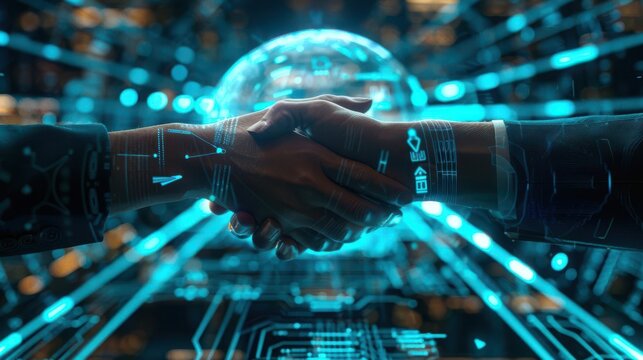 A formal diplomatic meeting scene, hands clasped in agreement, AI-generated holographic elements, neon blue and white, high-resolution, futuristic peace negotiation - Powered by Adobe