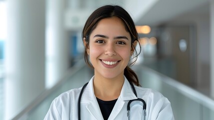 Realistic hyper-detailed portrait of a cheerful young South American woman hotel staff smiling, showcasing her dedication and pride in creating a welcoming and comfortable environment. Background