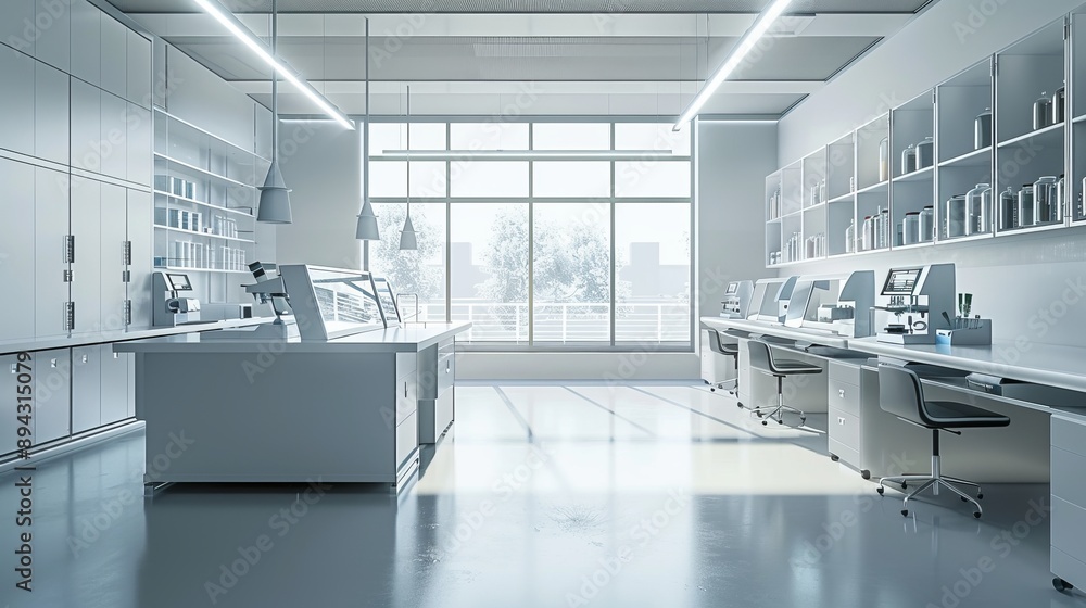 Aufkleber modern empty science laboratory interior with advanced equipment and ample copy space for text - ide