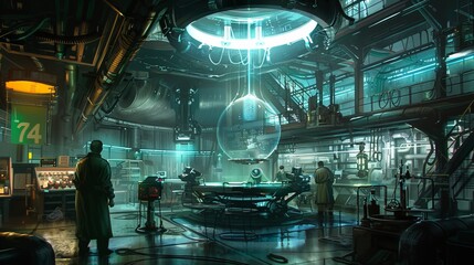 Modern science laboratory with advanced equipment, chemical solutions, and digital interfaces for research and experiments in biotechnology, chemistry, and physics, featuring test tubes, microscopes, 