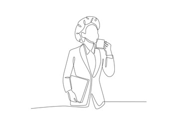 Business woman drinking coffee. African woman in business concept one-line drawing
