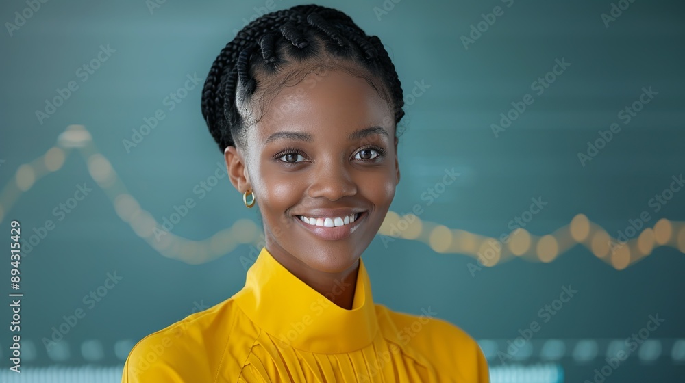 Wall mural Realistic hyper-detailed portrait of a cheerful young African woman smiling, capturing her sense of fulfillment and inspiration after overcoming challenges and achieving success. Background images