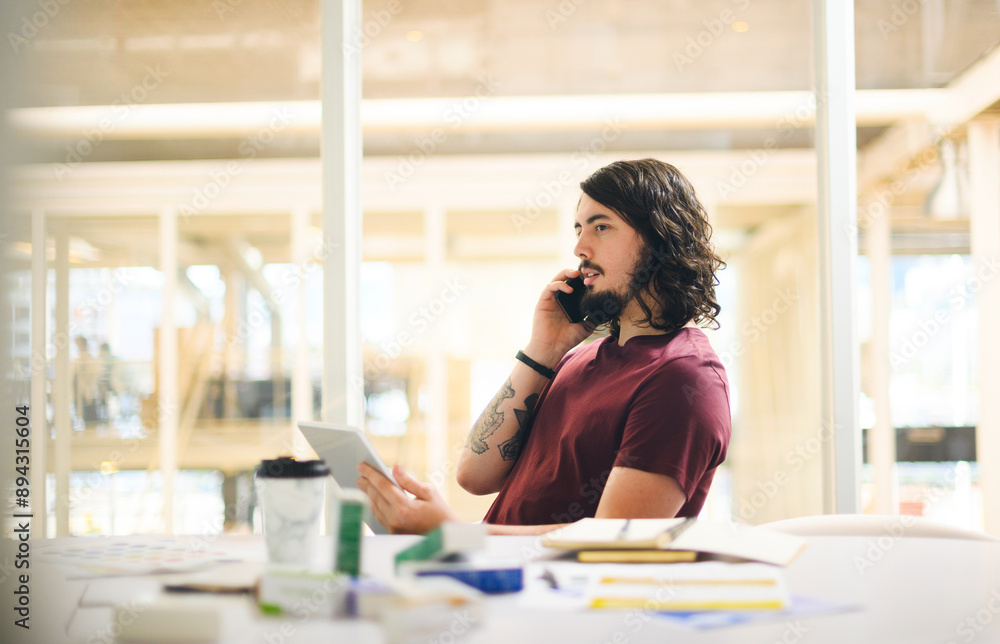Aufkleber business, man and phone call with tablet in office for communication, b2b networking and discussion.