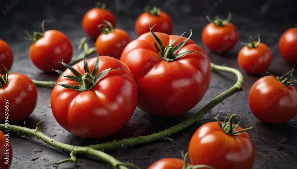 Wall mural ripe tomatoes on vine with green stem.