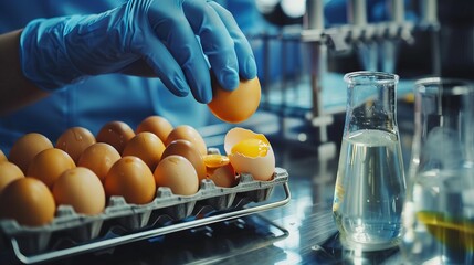Laboratory analysis of chicken eggs in agriculture manufacturing industry with expert inspecting food quality control, conducting scientific tests in medicine and biology for safety, biotechnology res