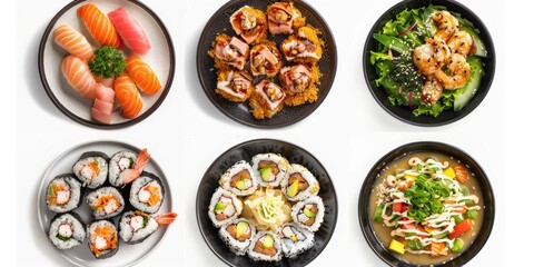 Japanese Cuisine Assortment Sushi, Salad, and Soup.