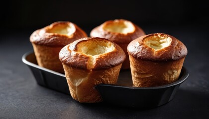 Four Homemade Yorkshire Puddings in a Black Baking Tray.