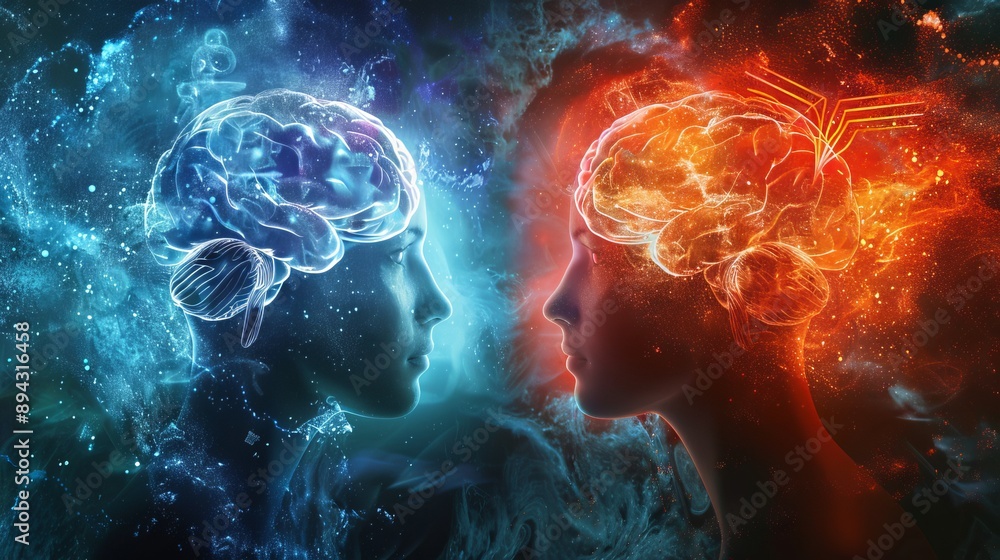 Poster illustration of left and right brain functions highlighting analytical and creative aspects with col