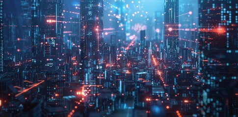 Obraz premium A high-tech cityscape with digital networks and data points showcases a futuristic urban environment where technology and connectivity are seamlessly integrated.