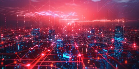 Obraz premium A high-tech cityscape with digital networks and data points showcases a futuristic urban environment where technology and connectivity are seamlessly integrated.