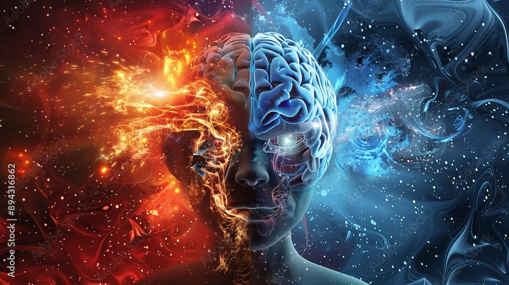 Poster illustration of left and right brain functions highlighting analytical and creative aspects with col